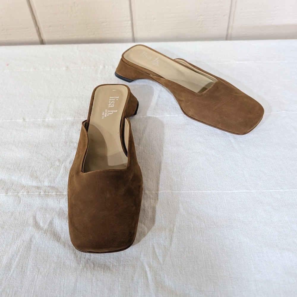 Vintage 90s Lisa B. Camel Suede Square Toe Mules Block Heel Italy Quiet Luxury
